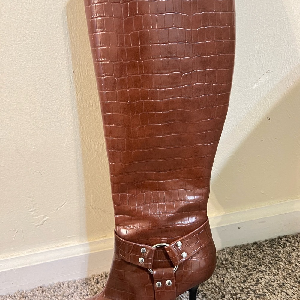 Brown Croc-Embossed Knee-High Boots